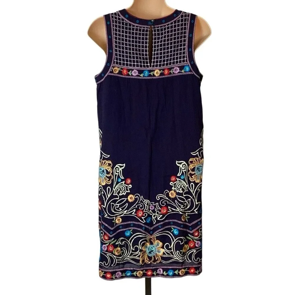 Maeve Anthropologie Kira Navy Floral Embroidered Print Sleeveless Shift Dress Sz - Picture 5 of 11